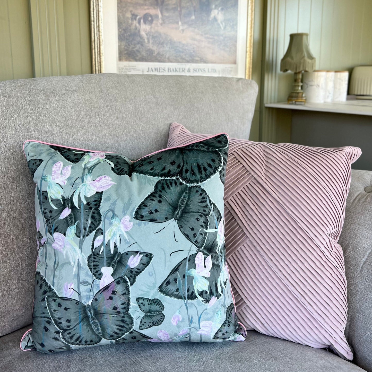 Copper Ghost Butterfly Texture Velvet Cushion Cover With Rose Piping