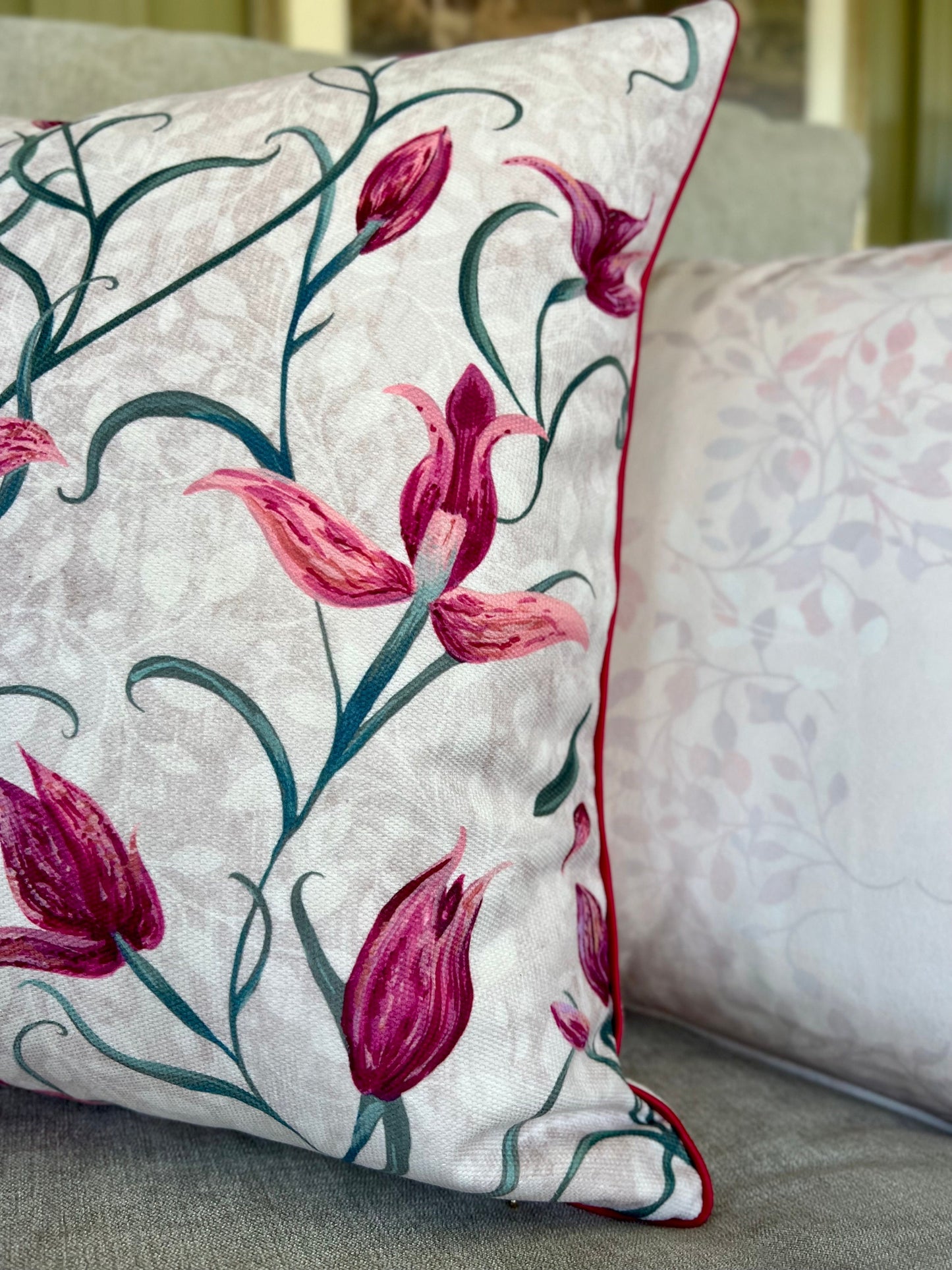 Red Helleborine Orchid Velvet Cushion Cover With Pink Piping