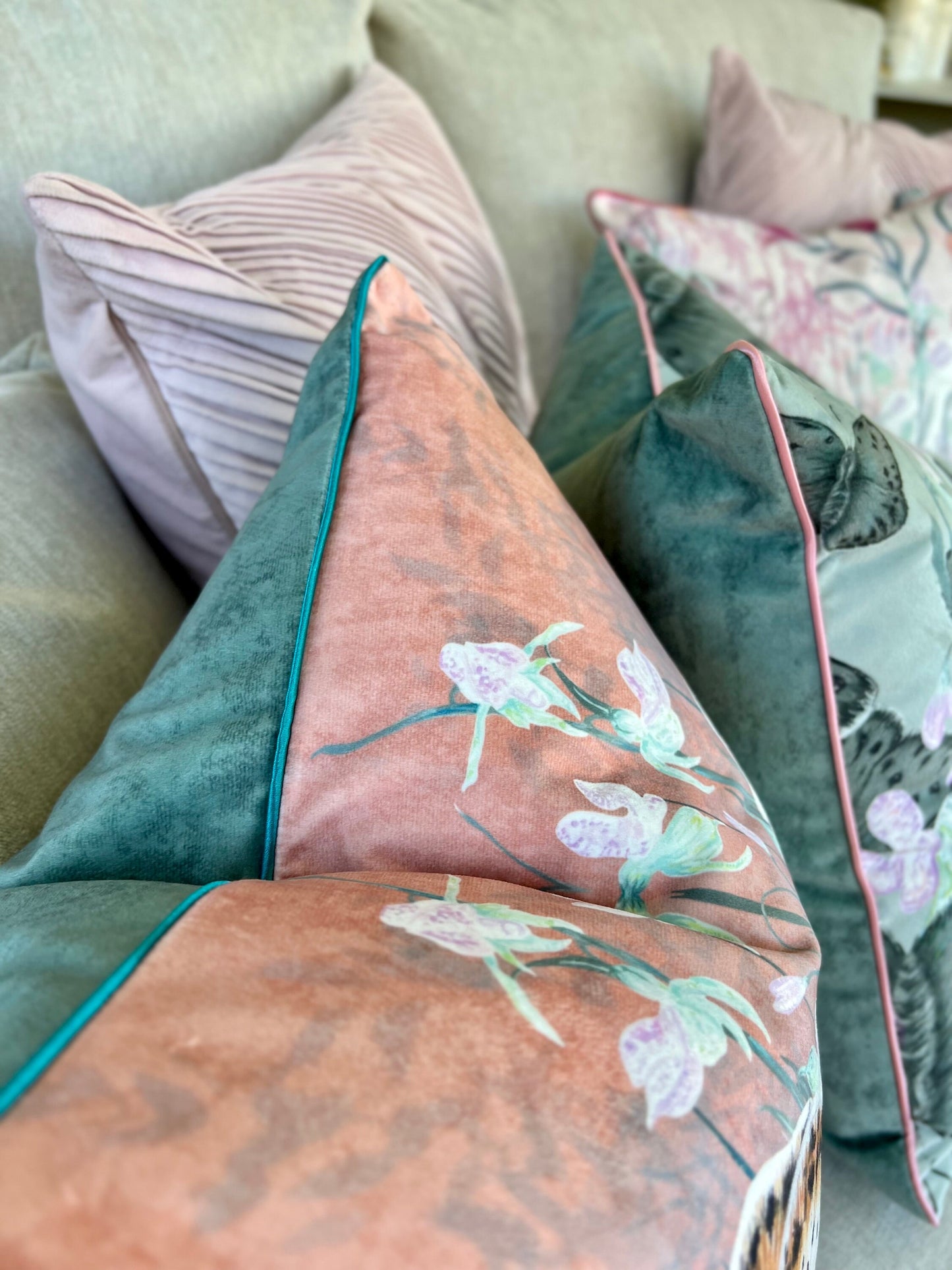 Copperfield Butterfly Cushion Cover With Green Piping