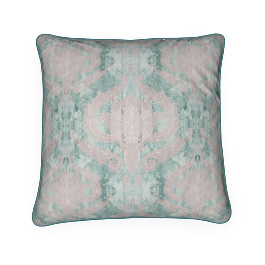 Wintergreen Damask Velvet Cushion Cover With Kingfisher Piping