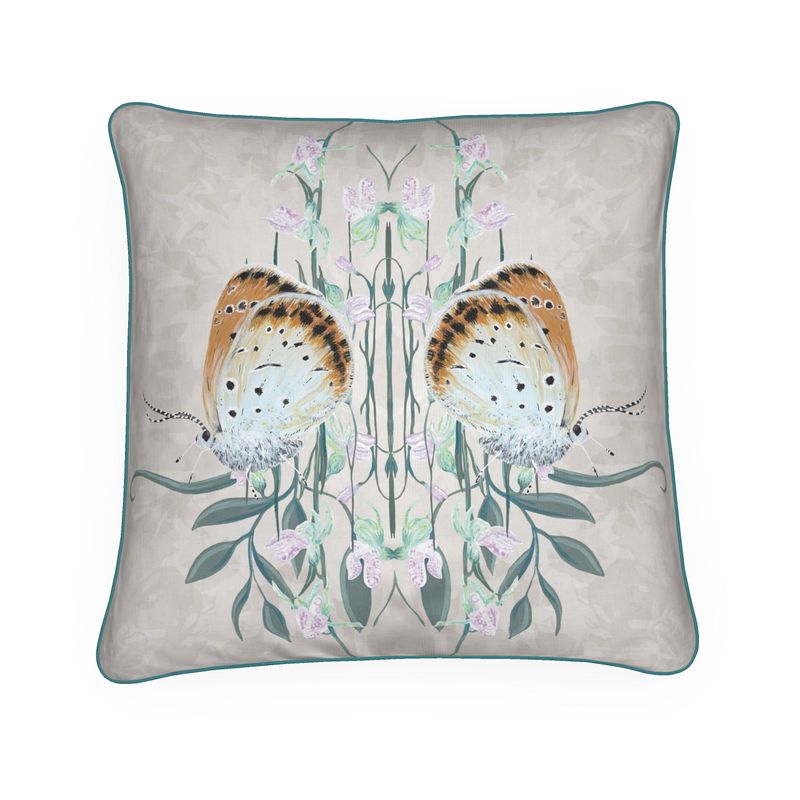 Copperfield Butterfly Brushed Cotton Cushion Cover With Green Piping - Lydia Hill Designs