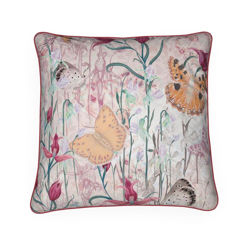 Endangered Eden Floral Butterfly Cushion Cover With Pink Piping - Lydia Hill Designs