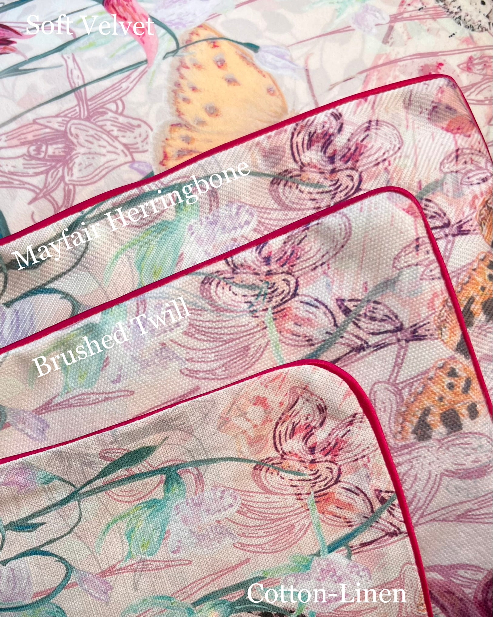 Endangered Eden Floral Butterfly Cushion Cover With Pink Piping - Lydia Hill Designs