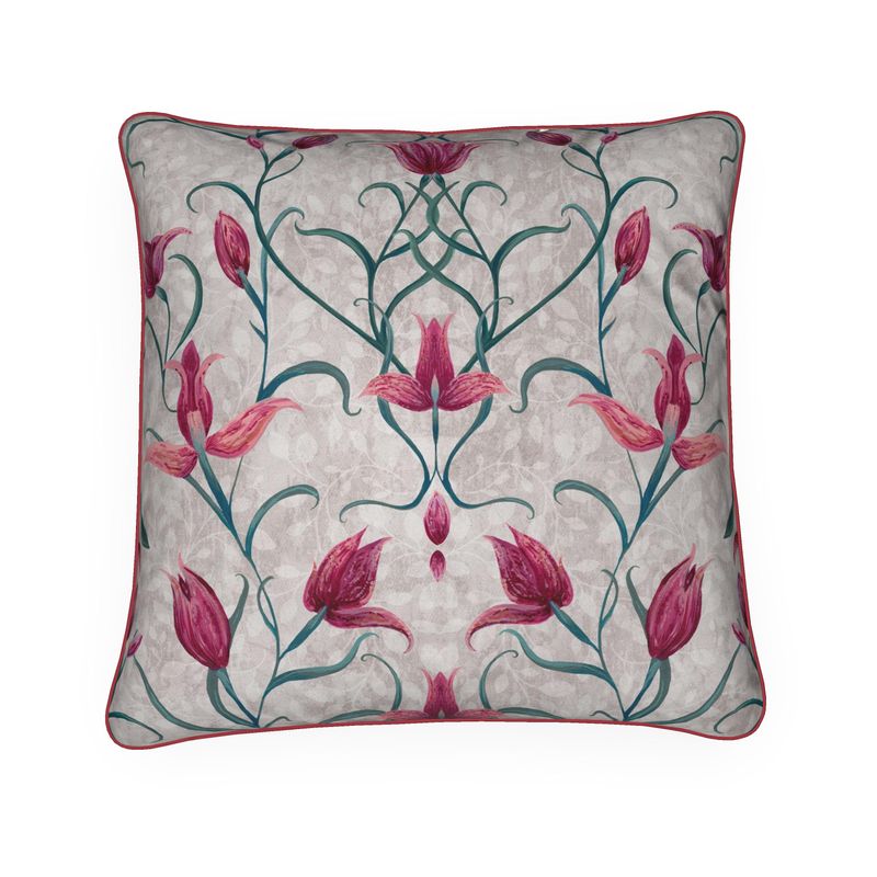 Red Helleborine Orchid Velvet Cushion Cover With Pink Piping - Lydia Hill Designs