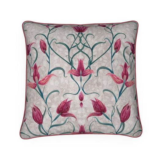 Red Helleborine Orchid Velvet Cushion Cover With Pink Piping - Lydia Hill Designs