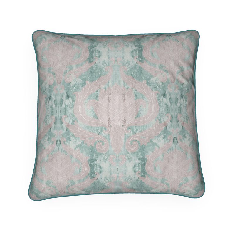 Wintergreen Damask Velvet Cushion Cover With Kingfisher Piping - Lydia Hill Designs