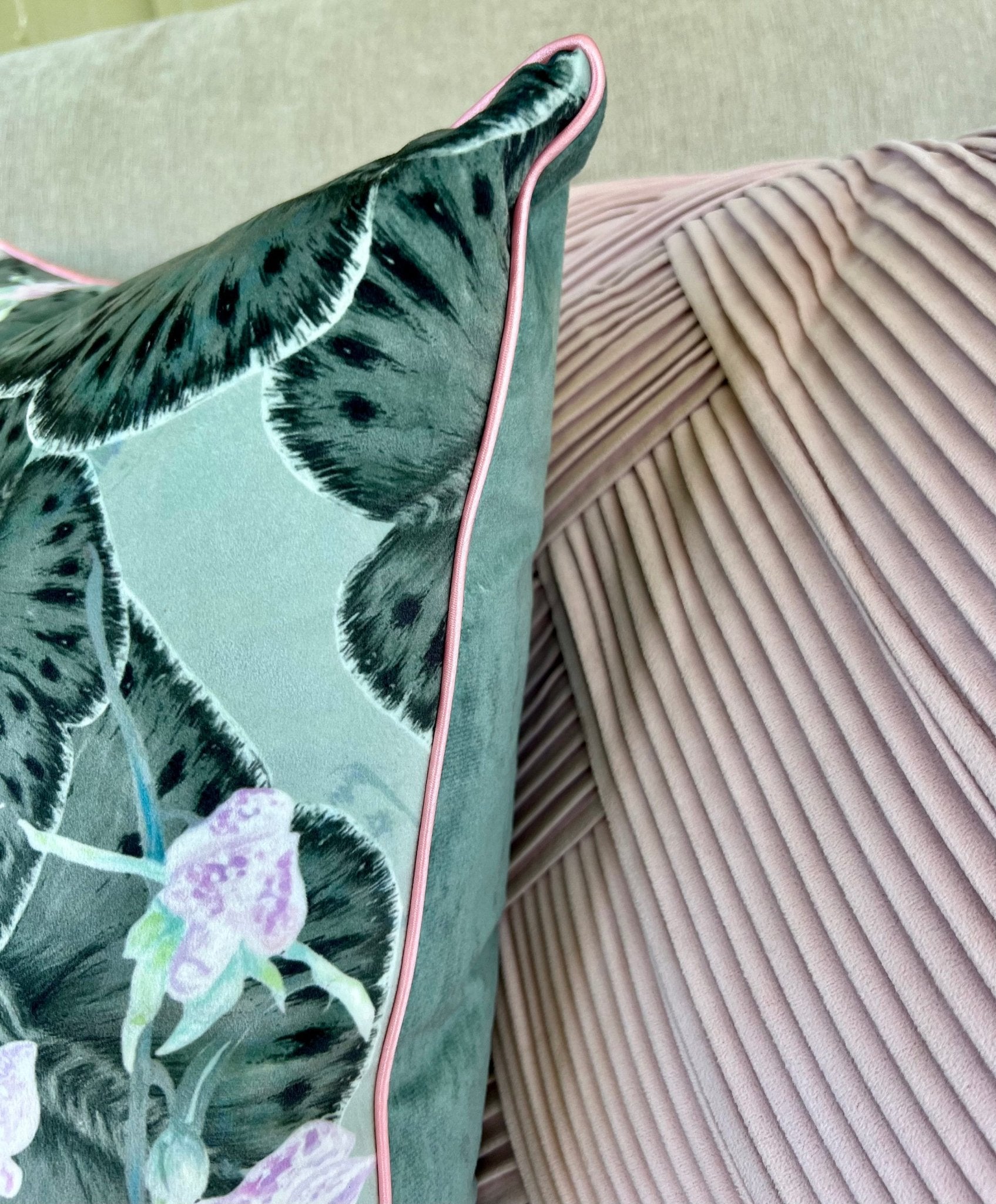 Copper Ghost Butterfly Texture Velvet Cushion Cover With Rose Piping - Lydia Hill Designs