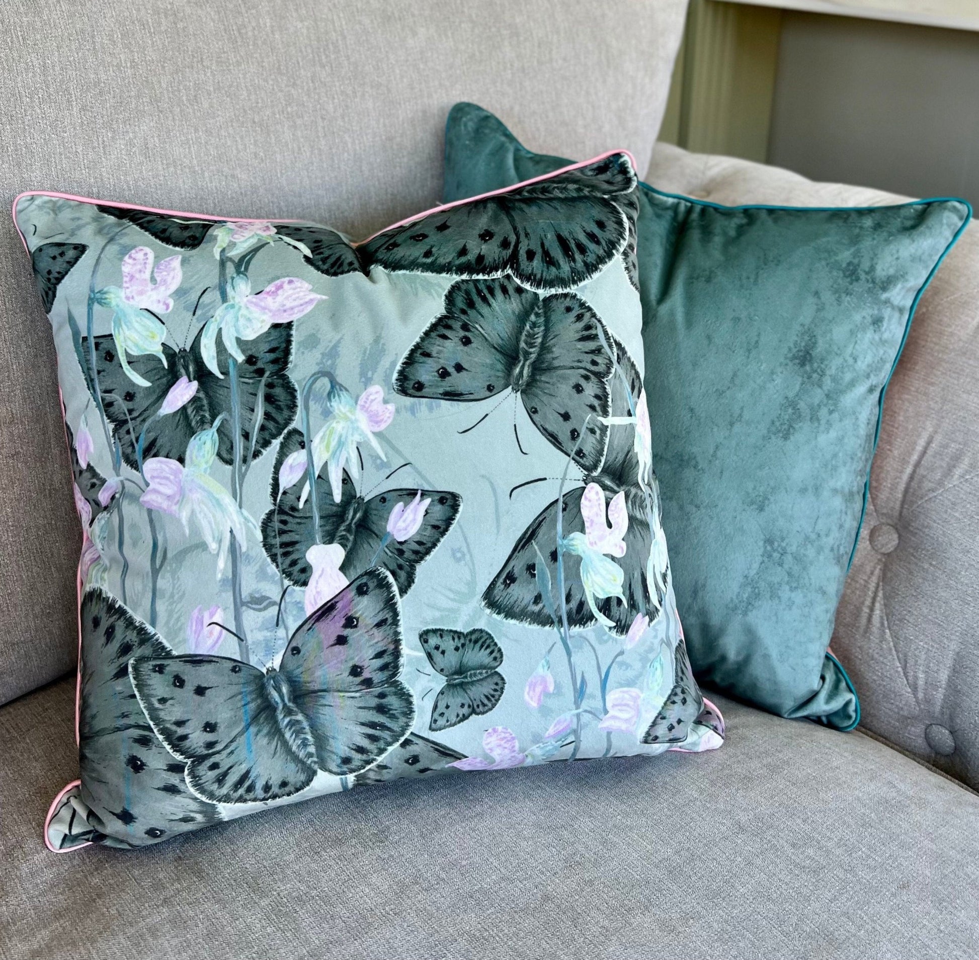Copper Ghost Butterfly Texture Velvet Cushion Cover With Rose Piping - Lydia Hill Designs
