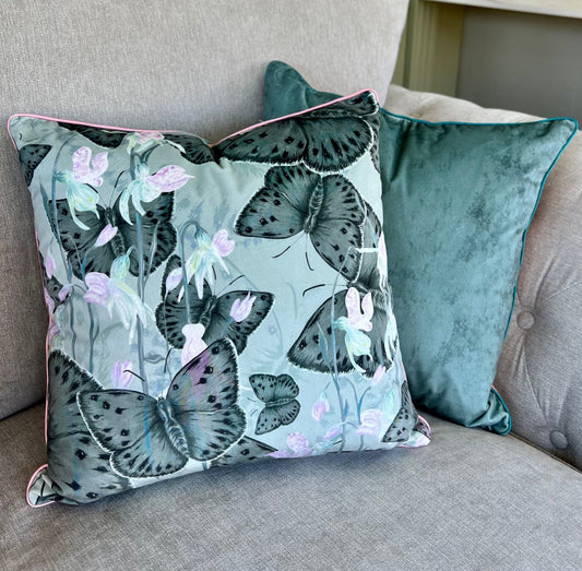 Copper Ghost Butterfly Texture Velvet Cushion Cover With Rose Piping - Lydia Hill Designs