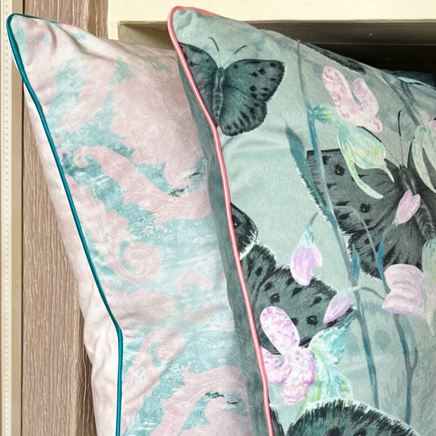 Copper Ghost Butterfly Texture Velvet Cushion Cover With Rose Piping - Lydia Hill Designs