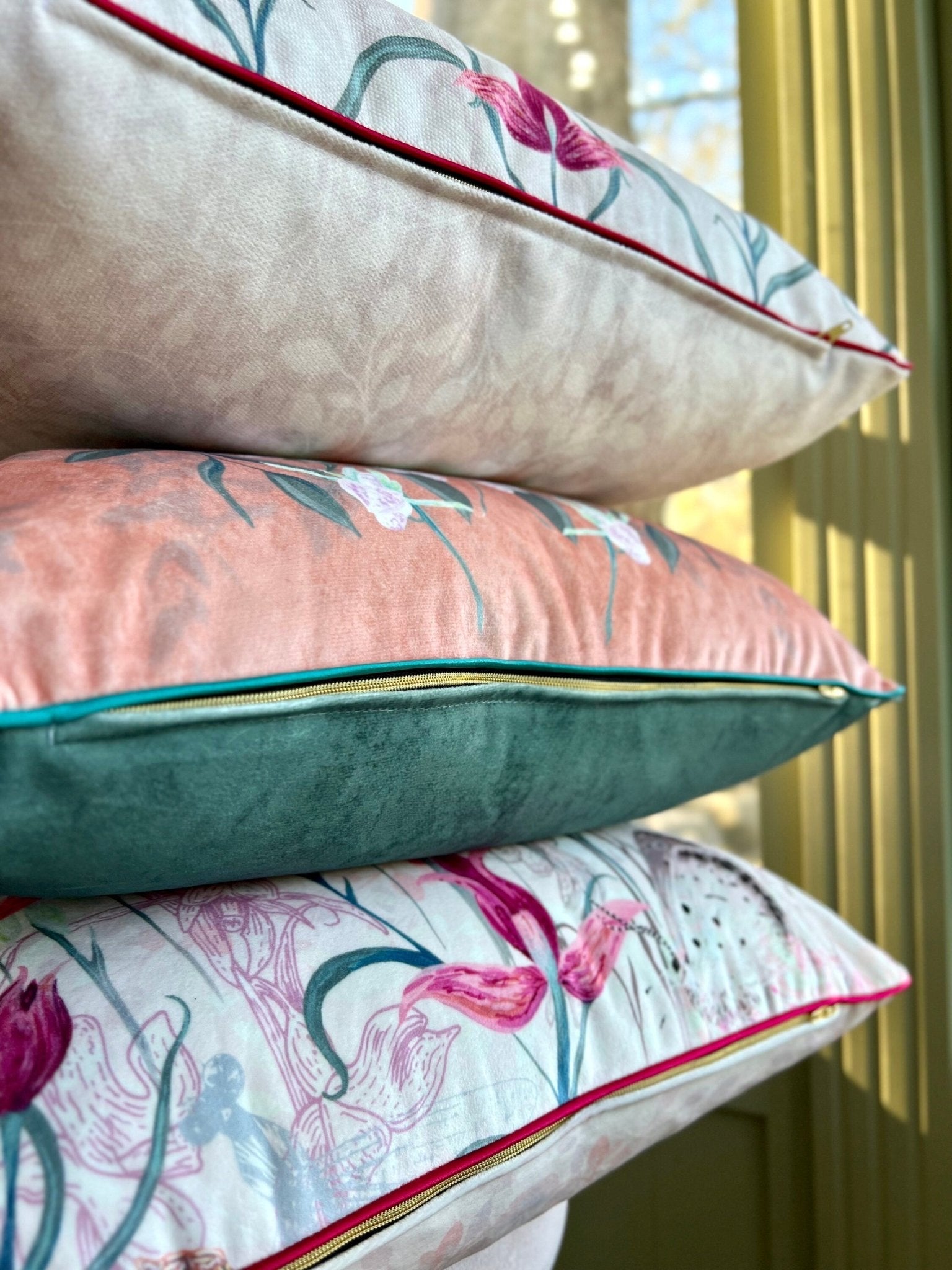 Copperfield Butterfly Cushion Cover With Green Piping - Lydia Hill Designs