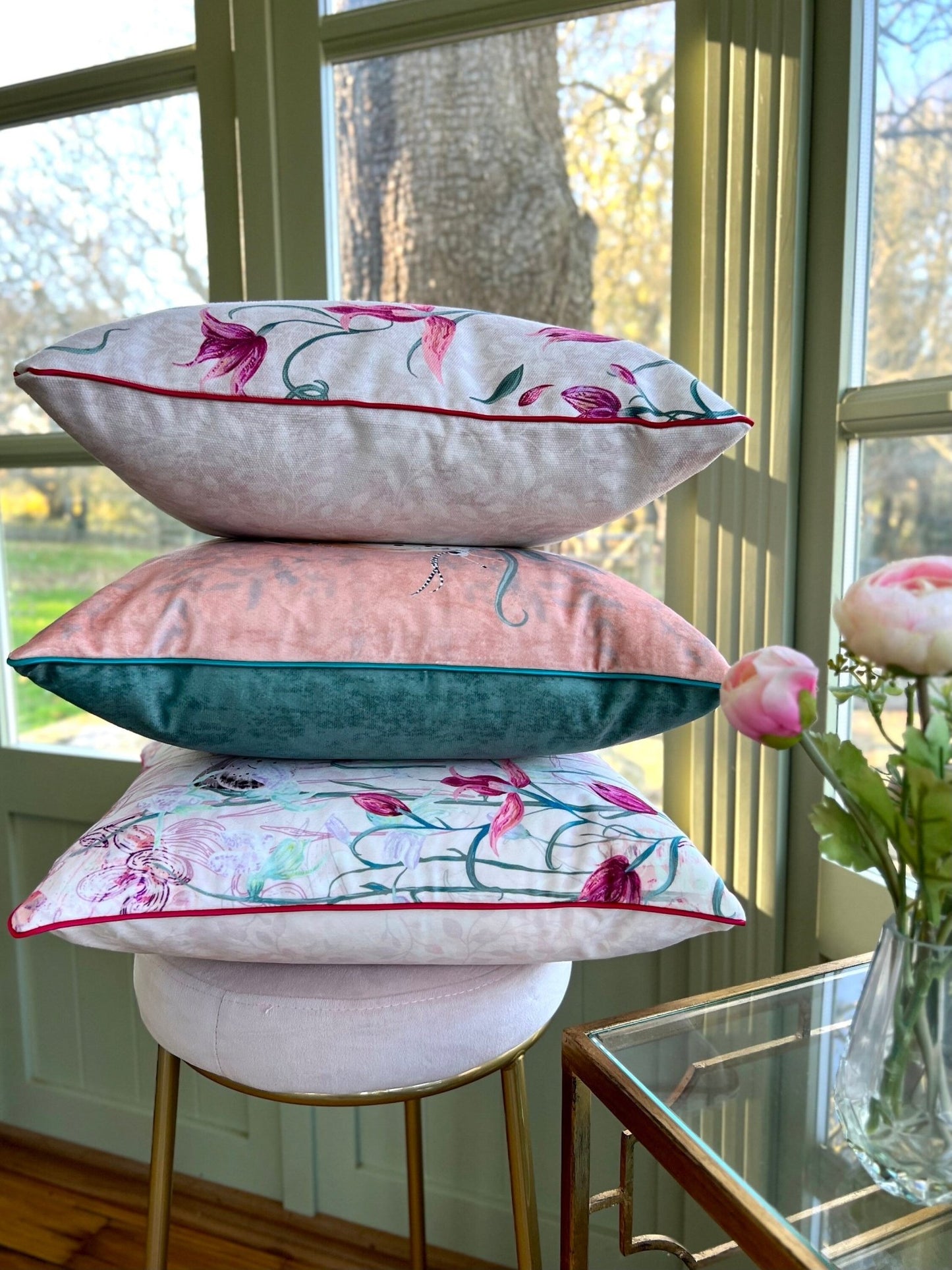 Copperfield Butterfly Cushion Cover With Green Piping - Lydia Hill Designs