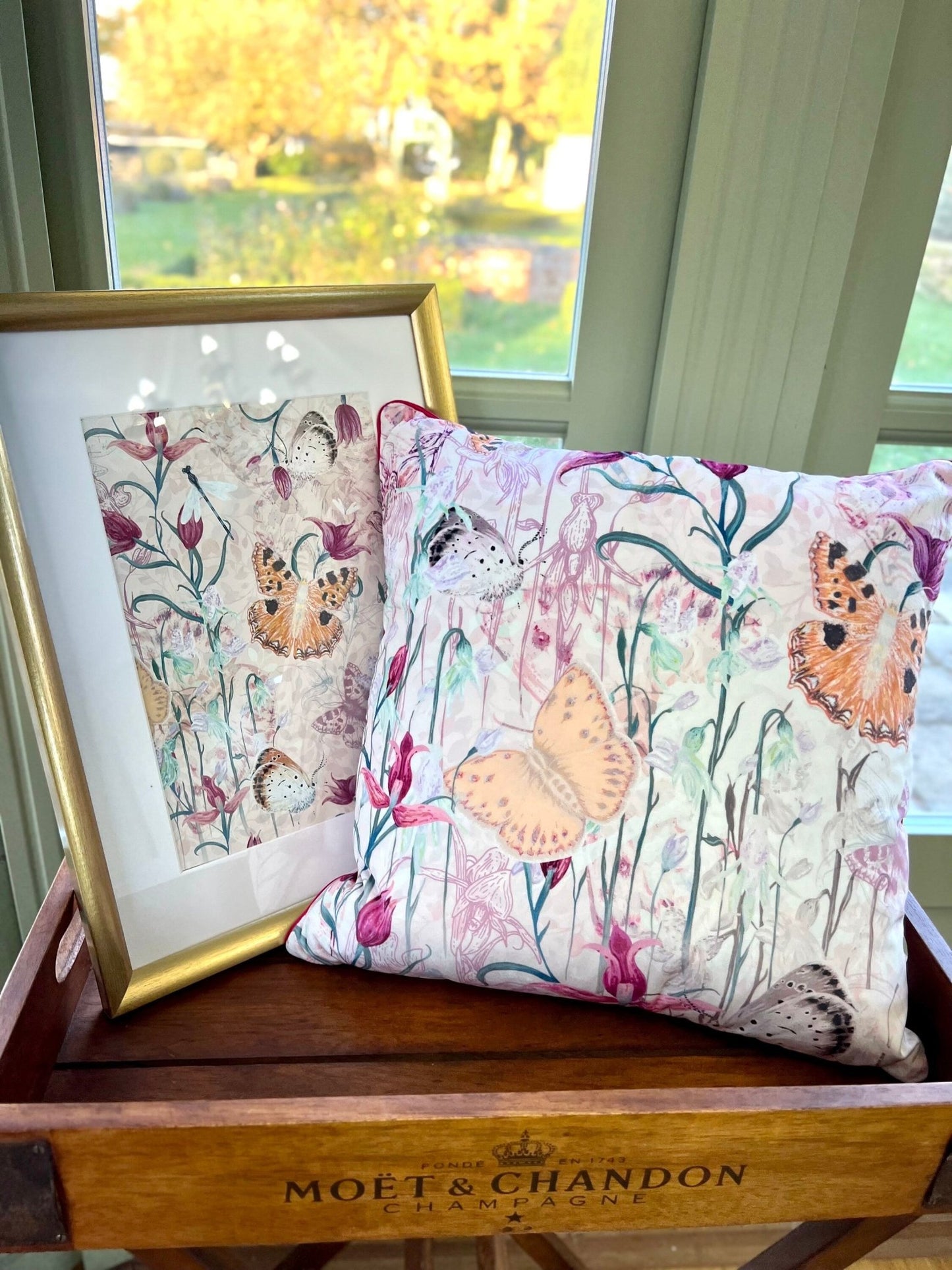 Endangered Eden Floral Butterfly Cushion Cover With Pink Piping - Lydia Hill Designs