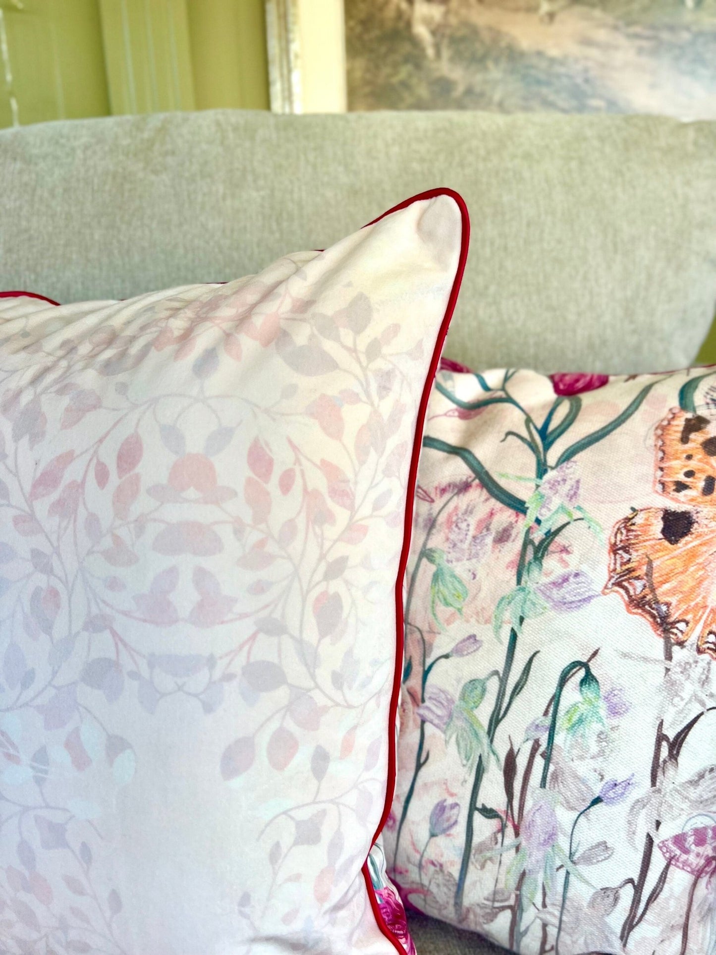 Endangered Eden Floral Butterfly Cushion Cover With Pink Piping - Lydia Hill Designs