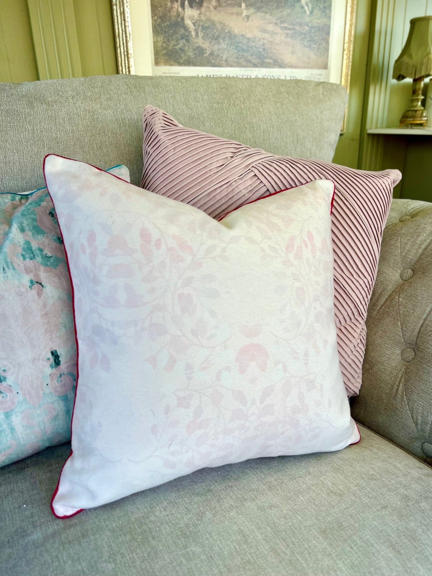Endangered Eden Floral Butterfly Cushion Cover With Pink Piping - Lydia Hill Designs