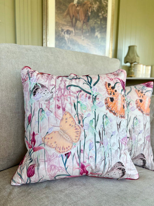 Endangered Eden Floral Butterfly Cushion Cover With Pink Piping - Lydia Hill Designs