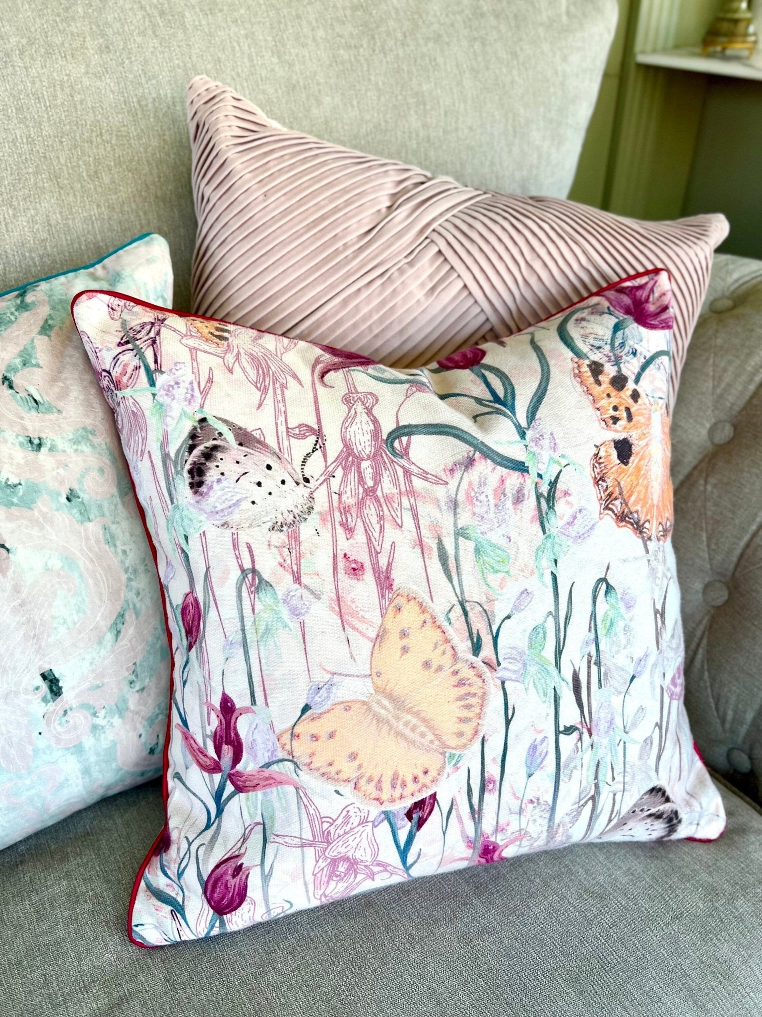 Endangered Eden Floral Butterfly Cushion Cover With Pink Piping - Lydia Hill Designs