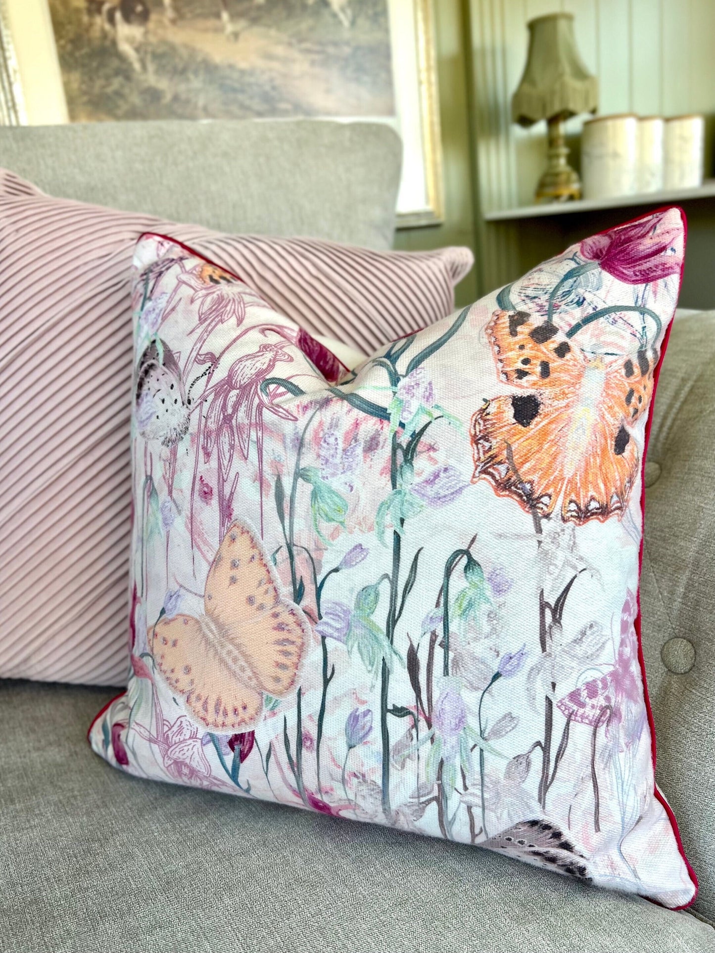 Endangered Eden Floral Butterfly Cushion Cover With Pink Piping