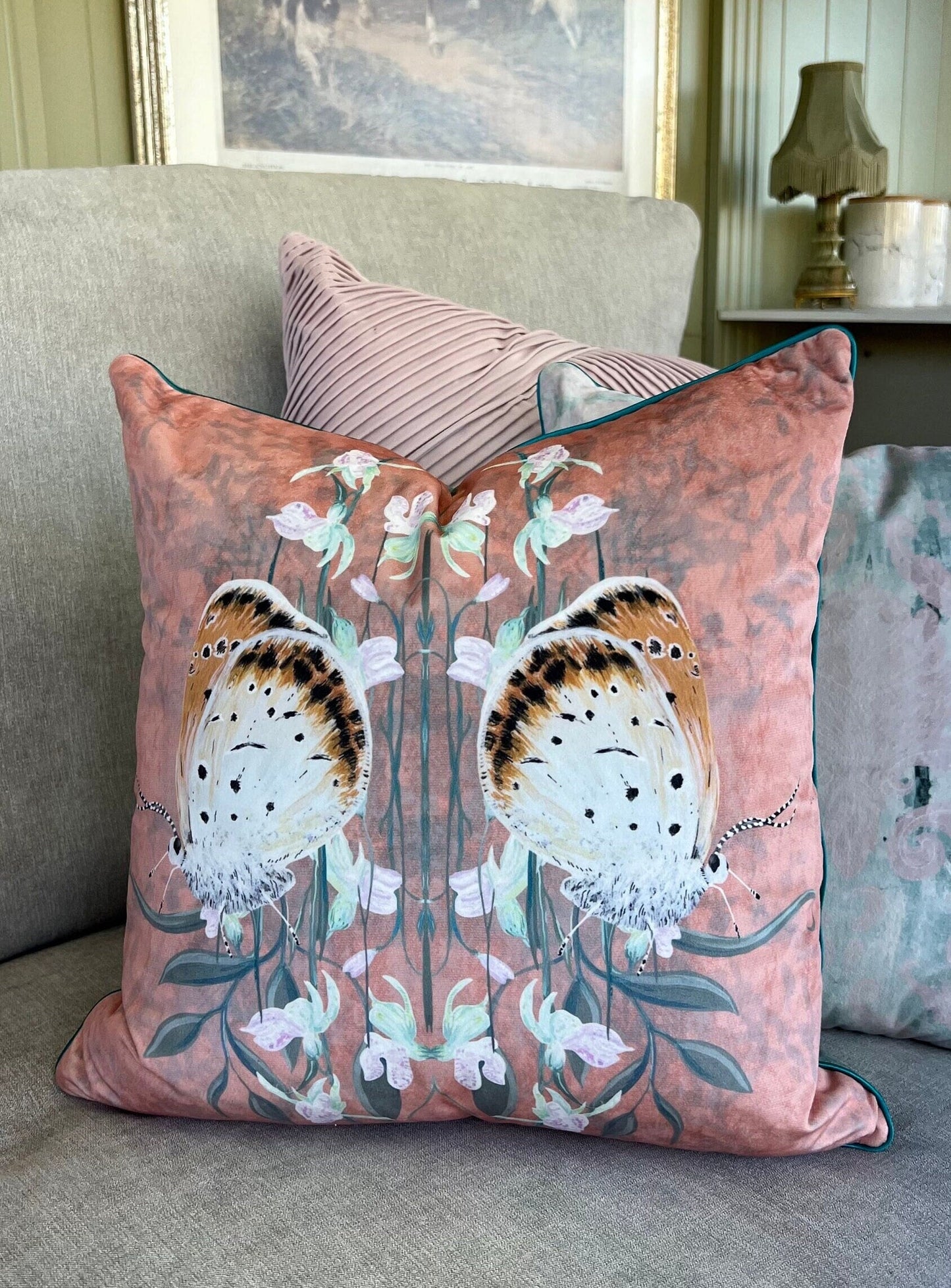 Copperfield Butterfly Cushion Cover With Green Piping