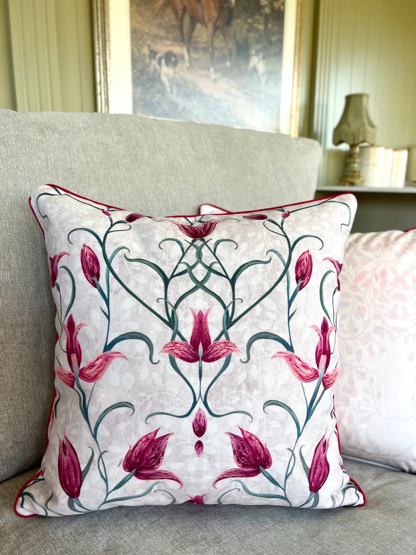 Red Helleborine Orchid Velvet Cushion Cover With Pink Piping