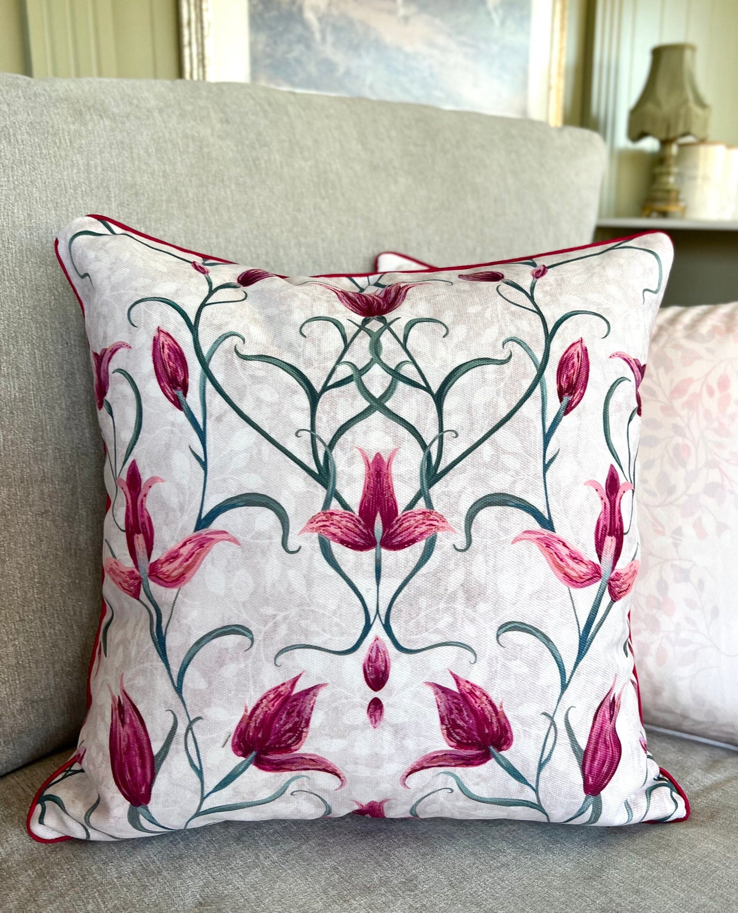 Red Helleborine Orchid Velvet Cushion Cover With Pink Piping