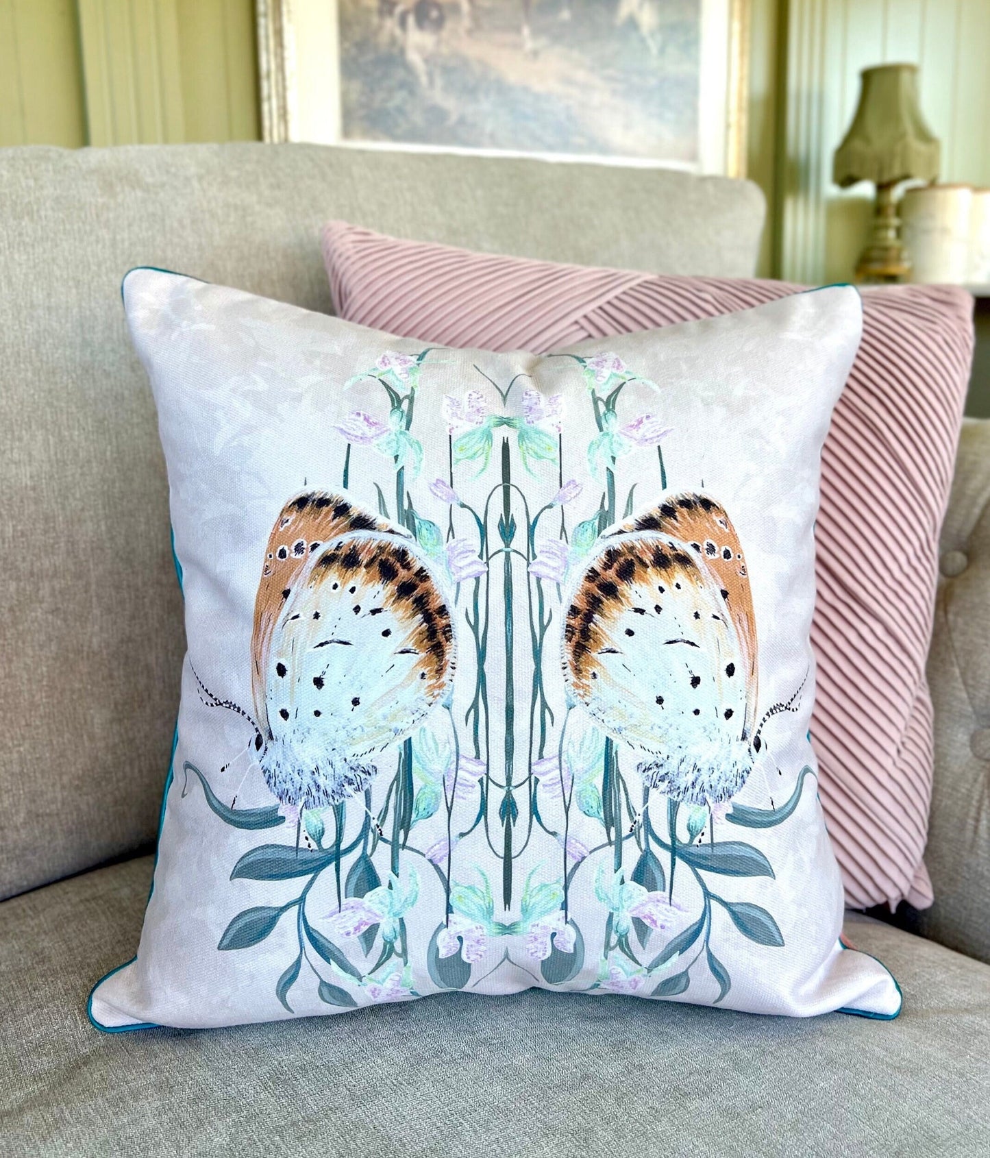 Copperfield Butterfly Brushed Cotton Cushion Cover With Green Piping