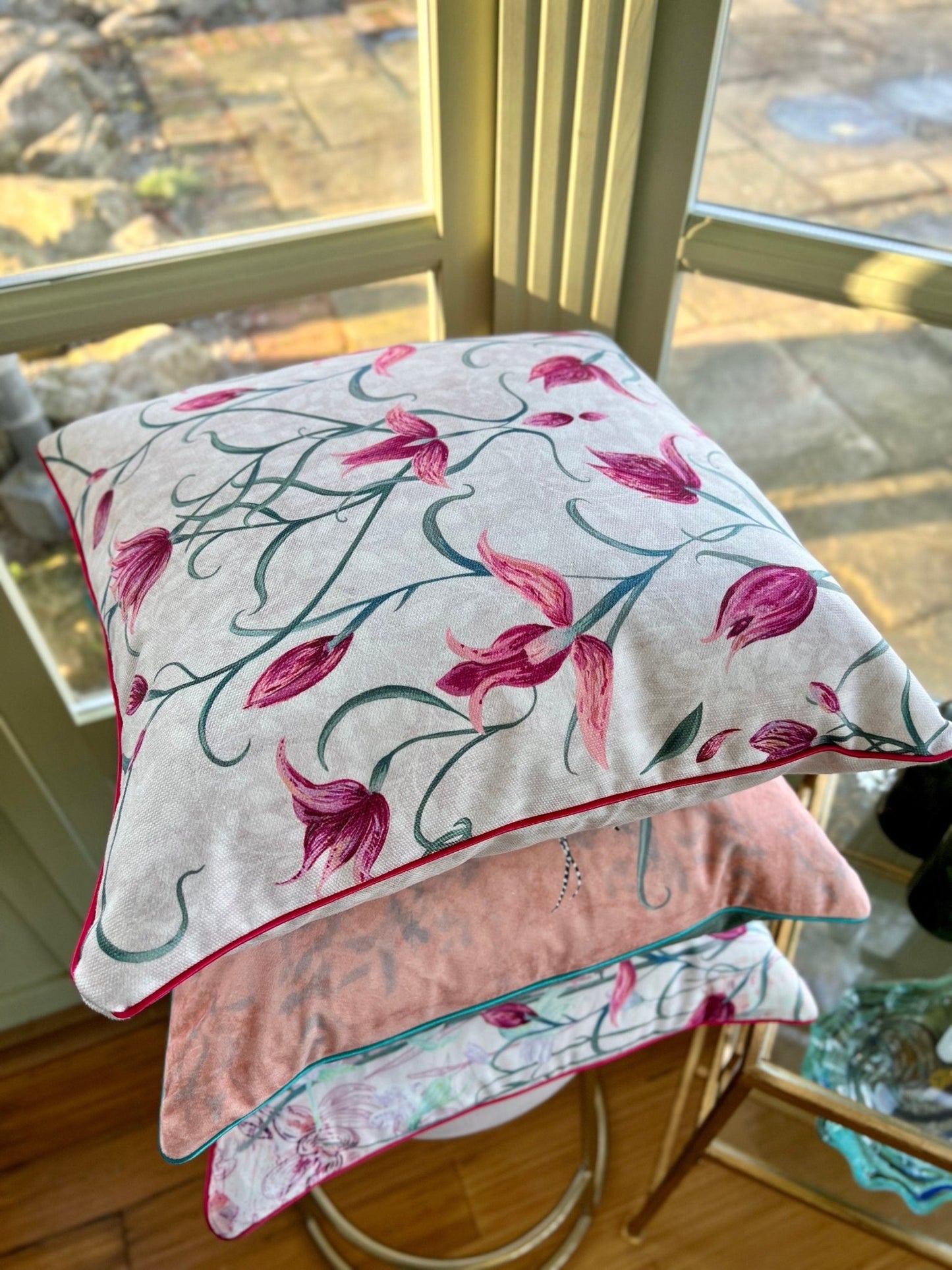 Red Helleborine Orchid Velvet Cushion Cover With Pink Piping - Lydia Hill Designs