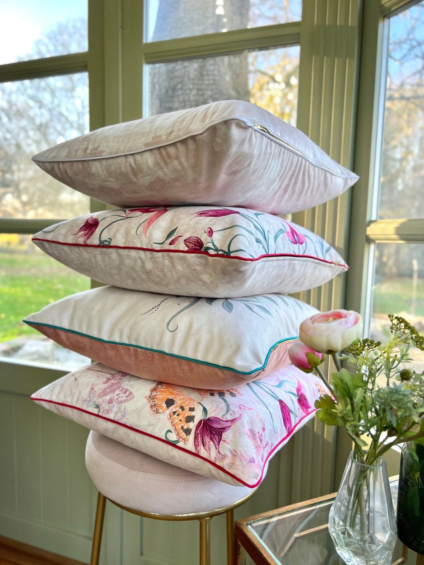 Red Helleborine Orchid Velvet Cushion Cover With Pink Piping - Lydia Hill Designs