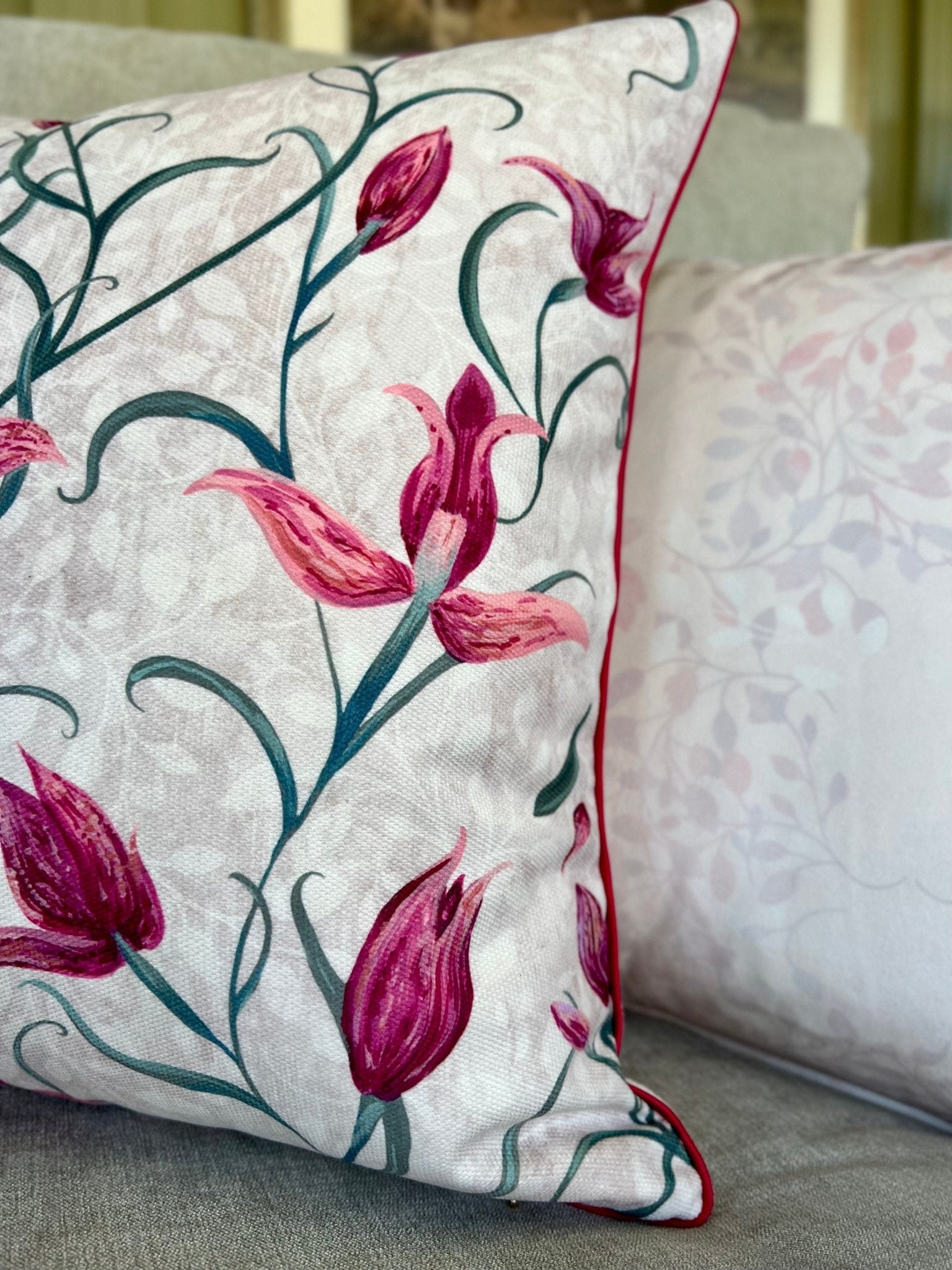 Red Helleborine Orchid Velvet Cushion Cover With Pink Piping - Lydia Hill Designs