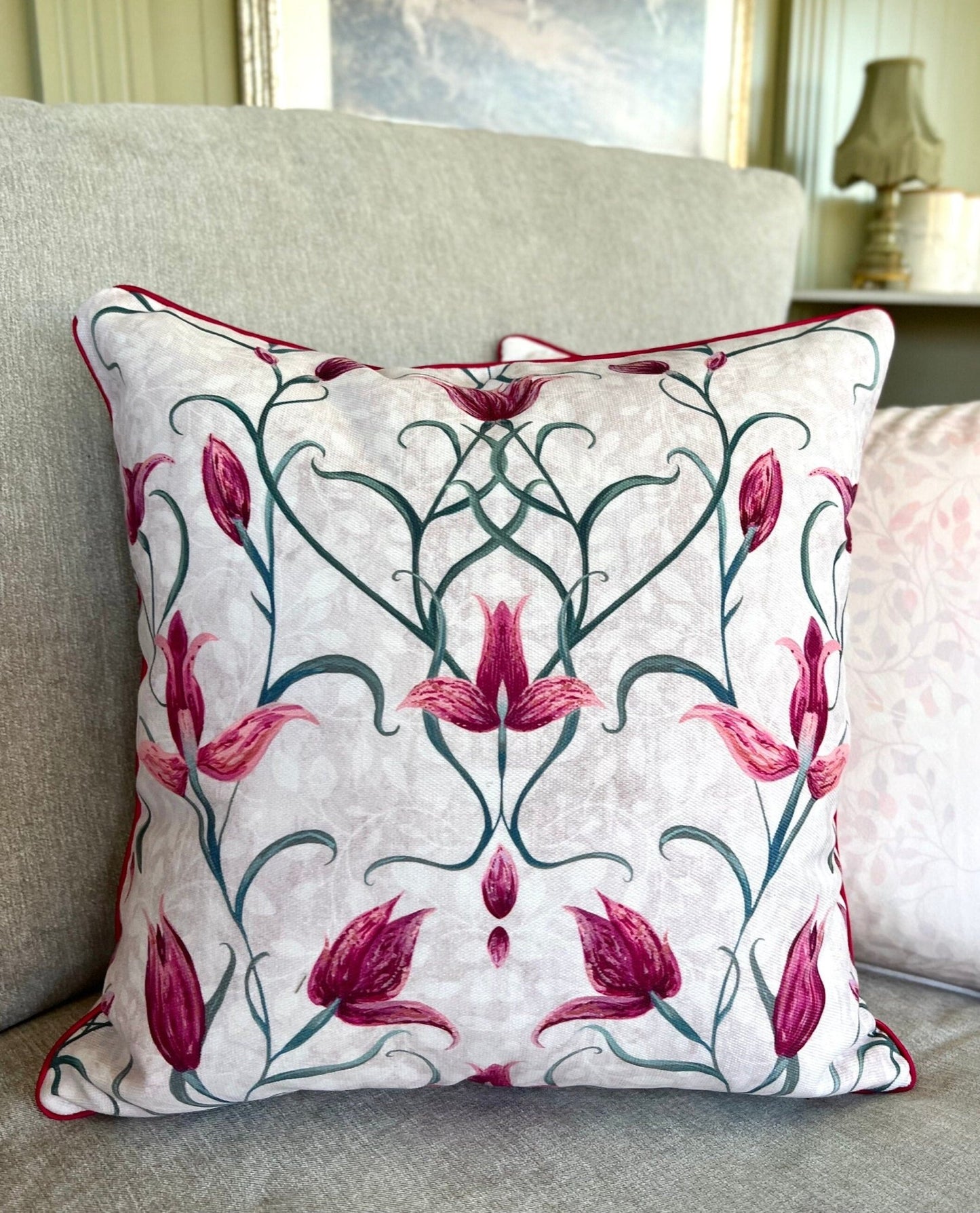 Red Helleborine Orchid Velvet Cushion Cover With Pink Piping - Lydia Hill Designs