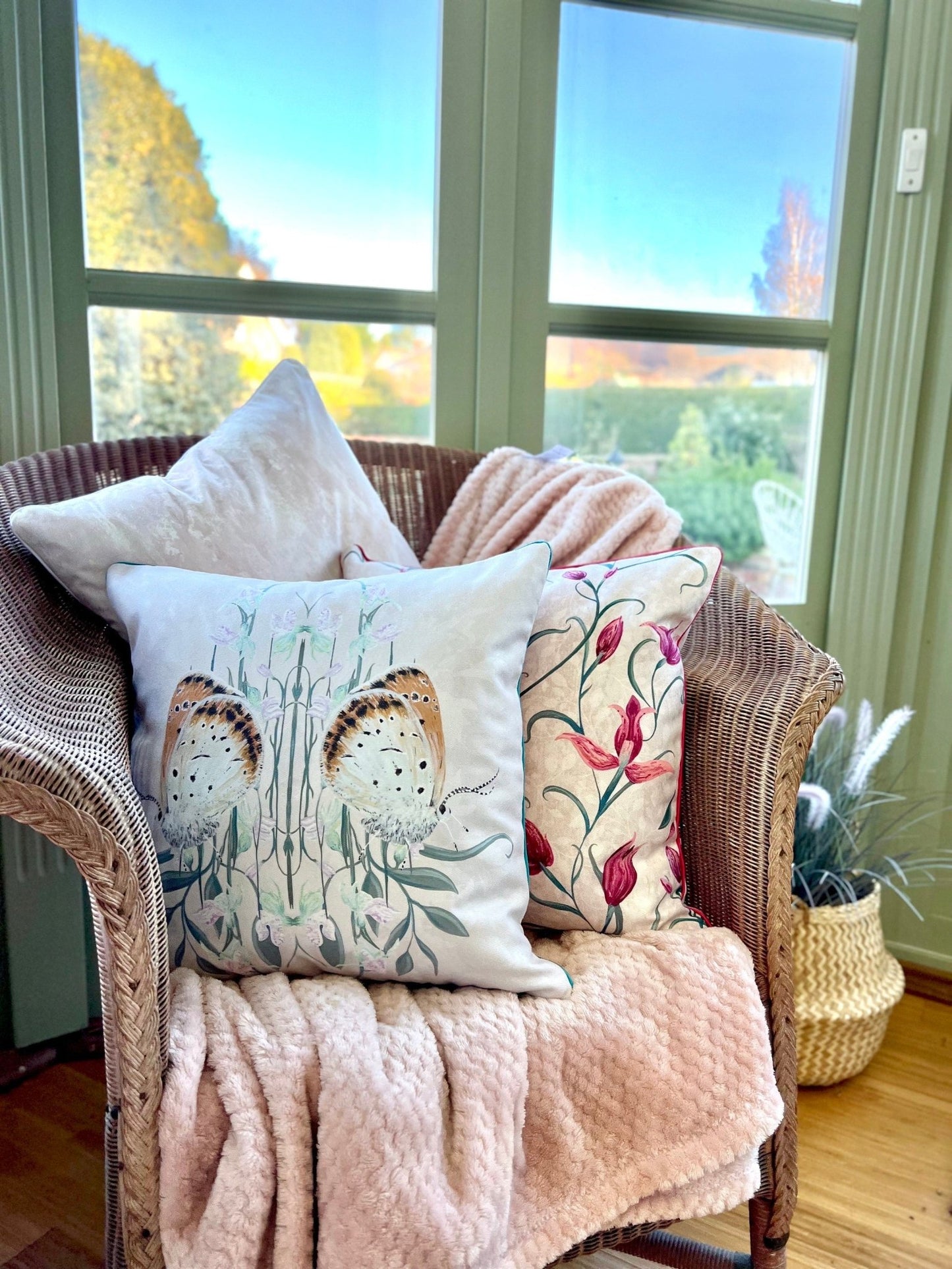 Red Helleborine Orchid Velvet Cushion Cover With Pink Piping - Lydia Hill Designs