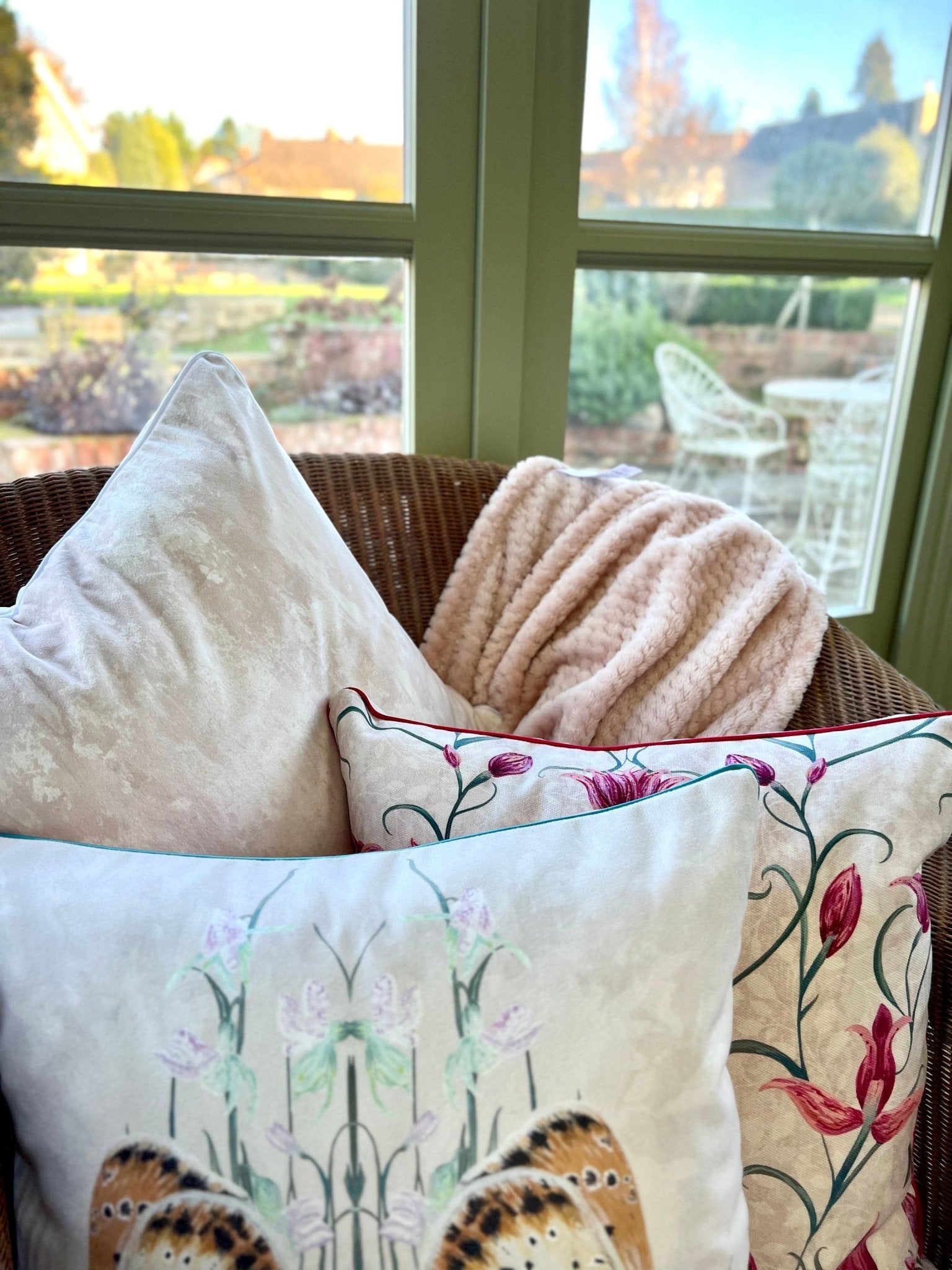 Red Helleborine Orchid Velvet Cushion Cover With Pink Piping - Lydia Hill Designs