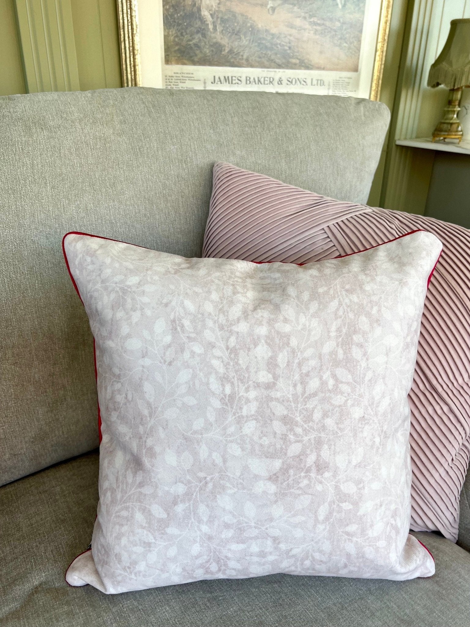 Red Helleborine Orchid Velvet Cushion Cover With Pink Piping - Lydia Hill Designs