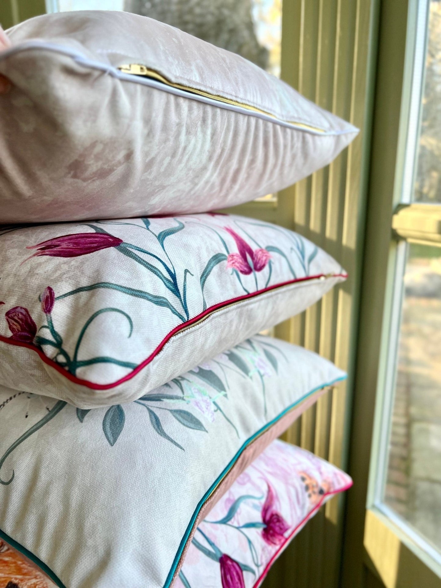 Red Helleborine Orchid Velvet Cushion Cover With Pink Piping - Lydia Hill Designs