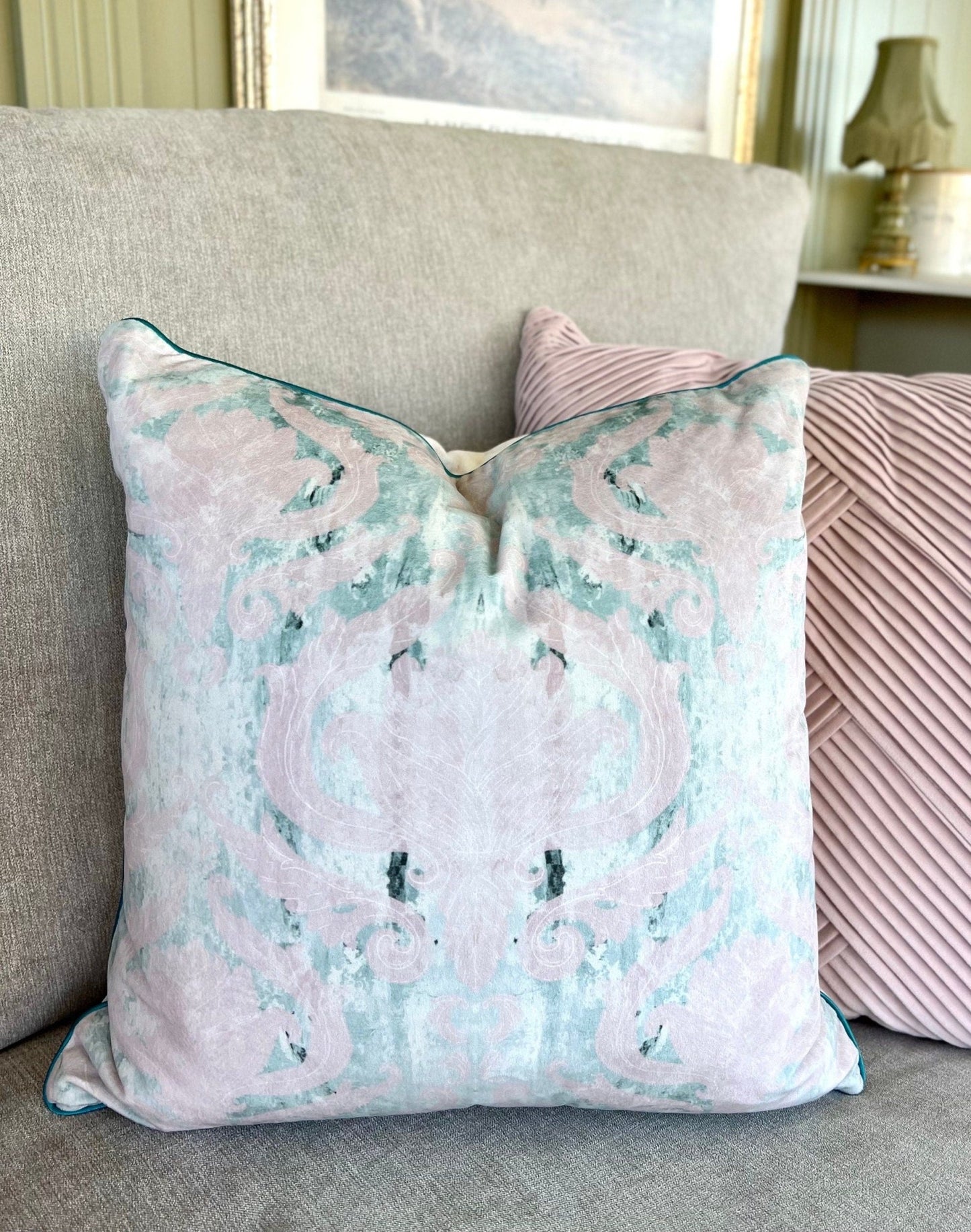Wintergreen Damask Velvet Cushion Cover With Kingfisher Piping - Lydia Hill Designs
