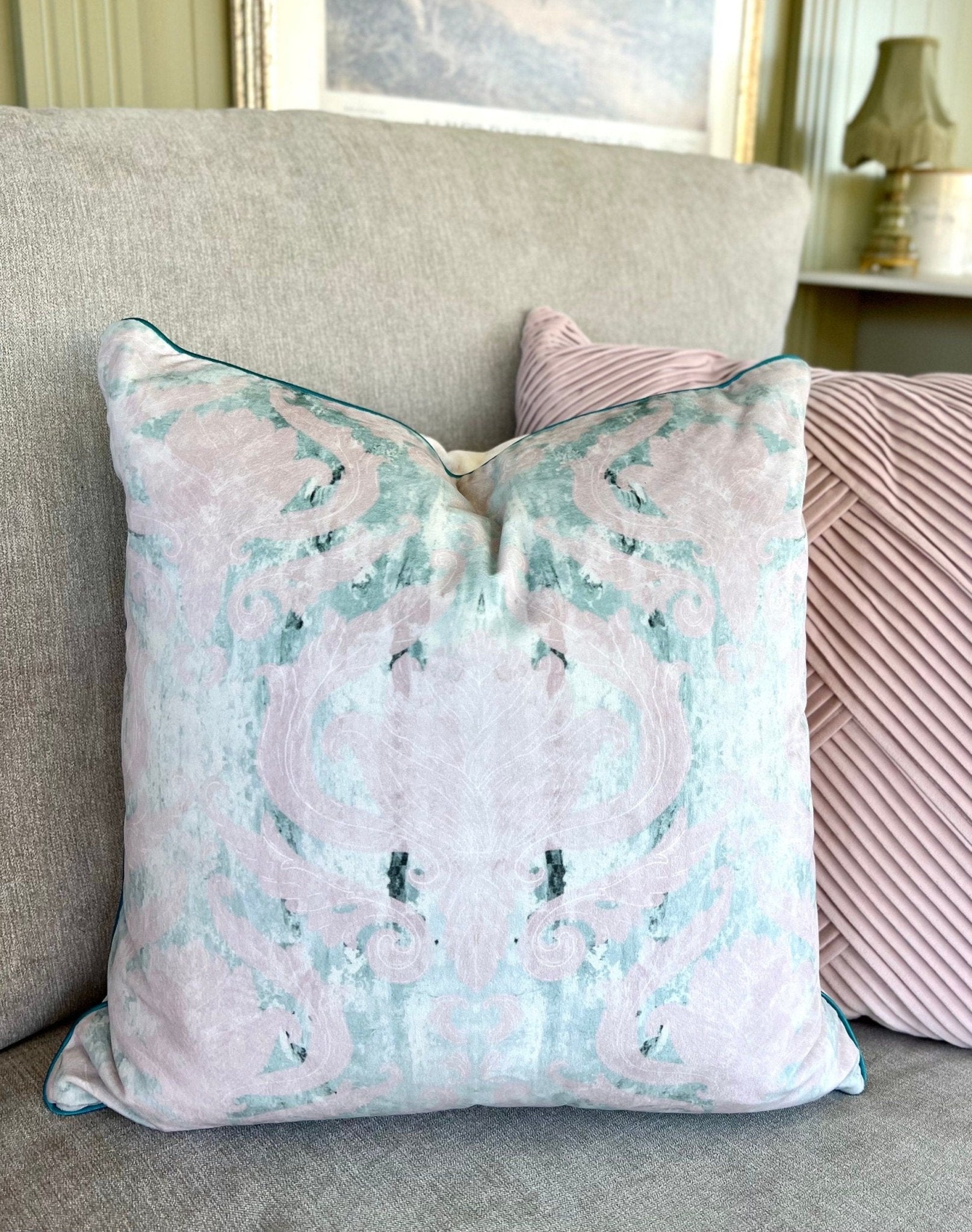 Wintergreen Damask Velvet Cushion Cover With Kingfisher Piping - Lydia Hill Designs