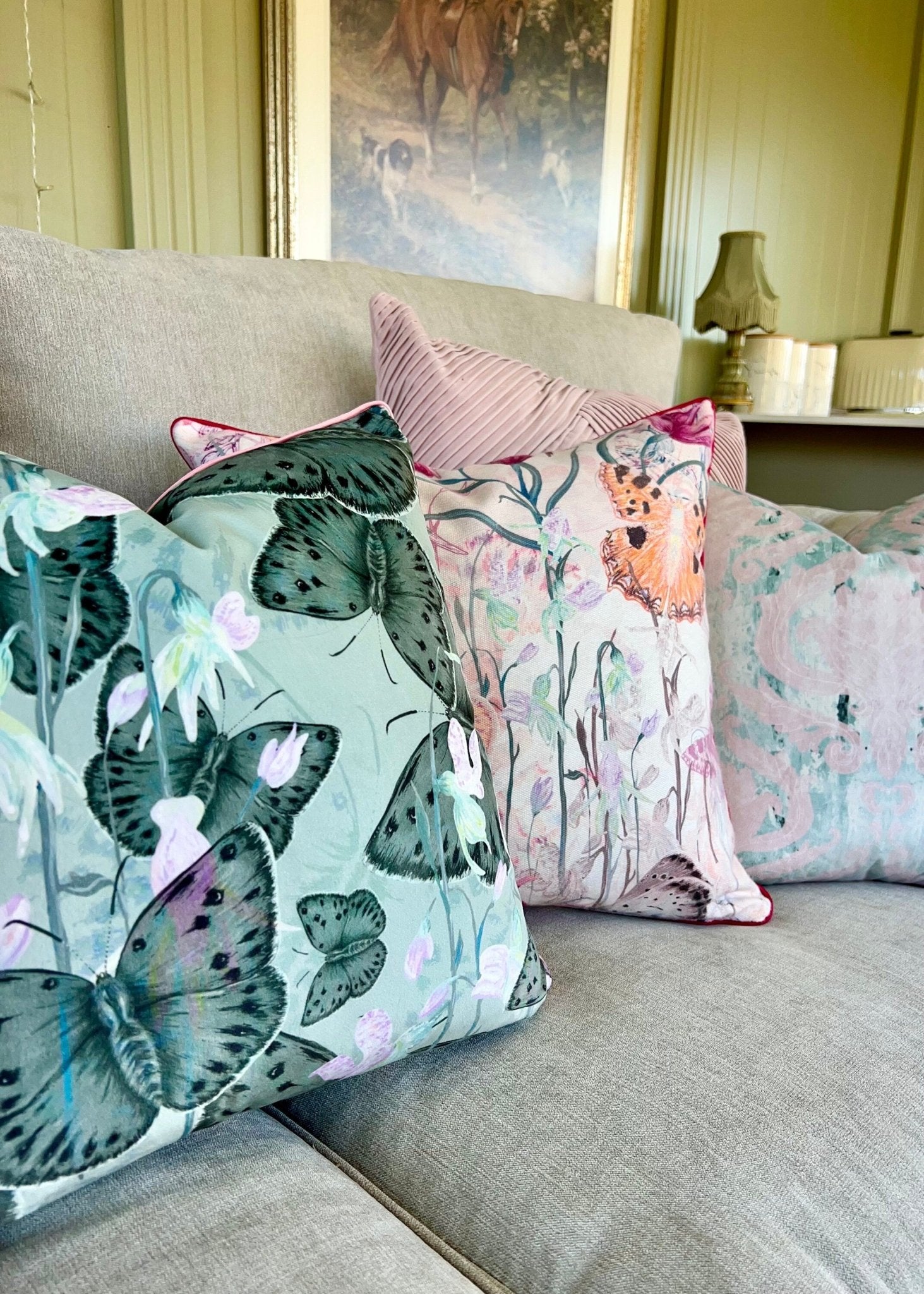 Wintergreen Damask Velvet Cushion Cover With Kingfisher Piping - Lydia Hill Designs