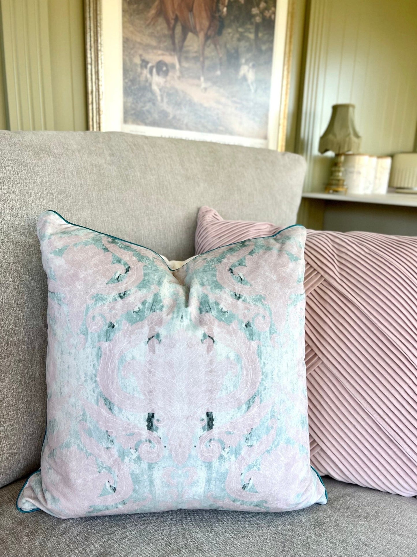 Wintergreen Damask Velvet Cushion Cover With Kingfisher Piping - Lydia Hill Designs